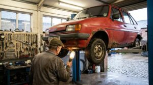 Home 14 An older hatchback on a garage lift with rust on its underside, a mechanic seen from behind inspecting it