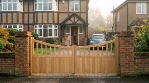 Home 15 Wooden swan neck driveway gates between brick pillars in front of a semi-detached house